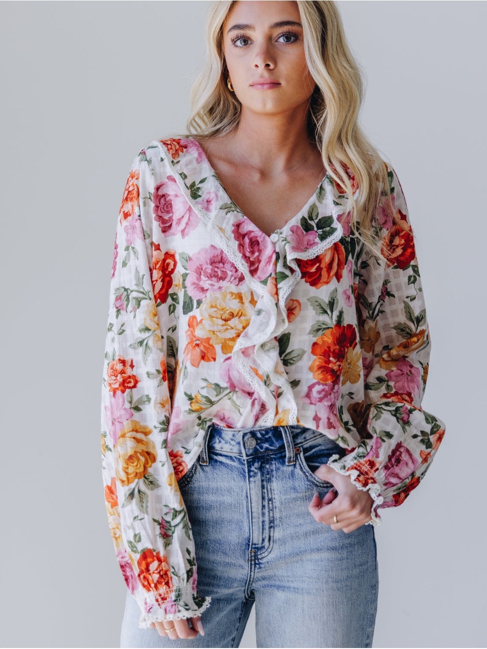 Show Me Your MuMu Lydia Ruffle V-Neck Blouse Ivory Hillside Floral 25628 - Picture 13 of 15
